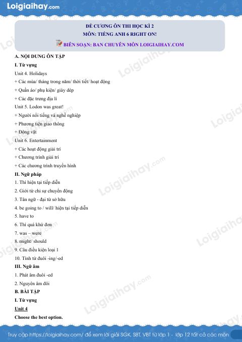 Đề cương ôn tập HK2 tiếng Anh 6 right on có đáp án